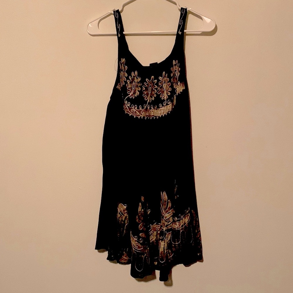 Source Unknown Black Mini Dress with Gold and Brown Embroidery Accents
